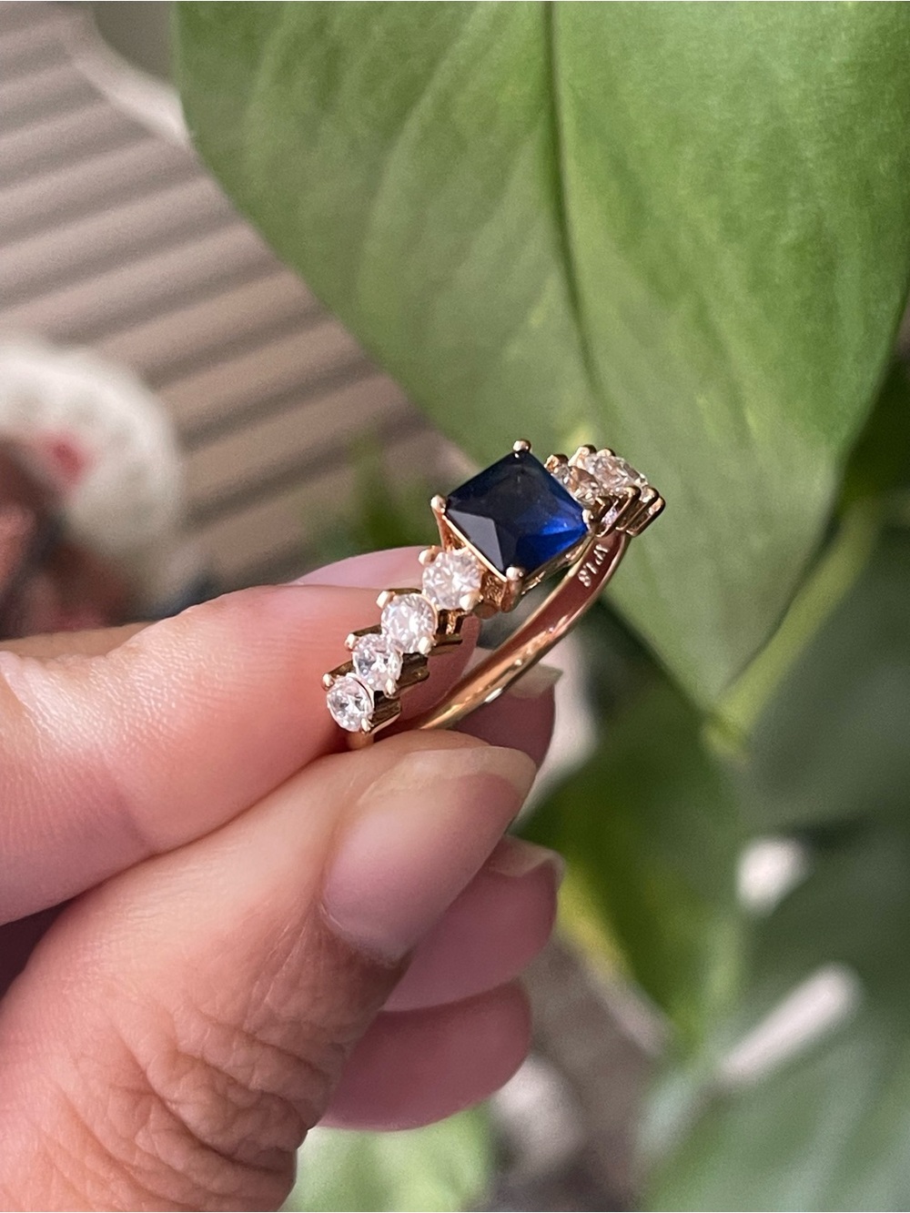 Elegant Blue Sapphire & CZ Rose Gold Ring